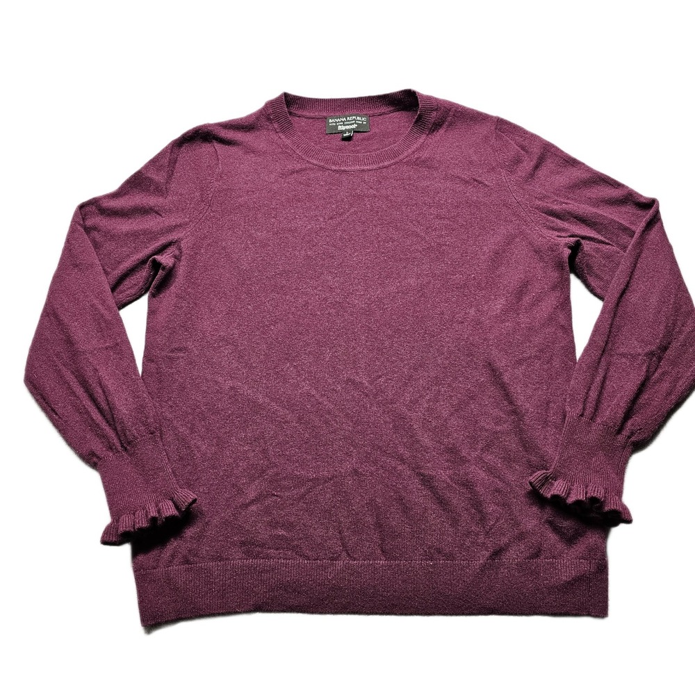 Banana Republic Sweater Womens L Purple Cashmere Ruffle Cuff Crew Neck Pullover